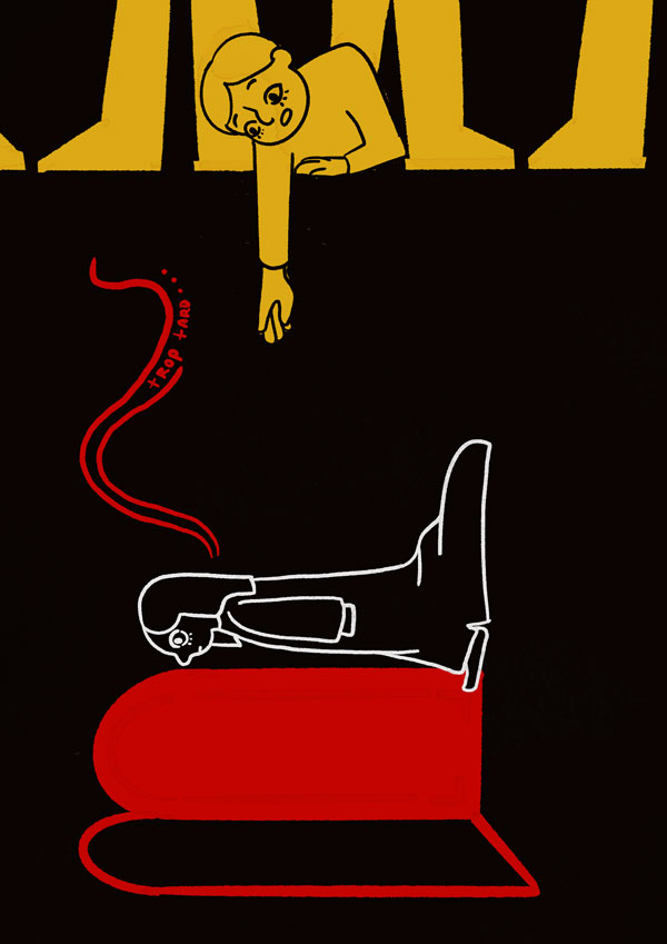 Illustration inspirée de la série Hauting of hill House, où l'on retrouve une jeune femme entrant dans une salle par une porte rouge, un jeune homme essaie de la rattraper.