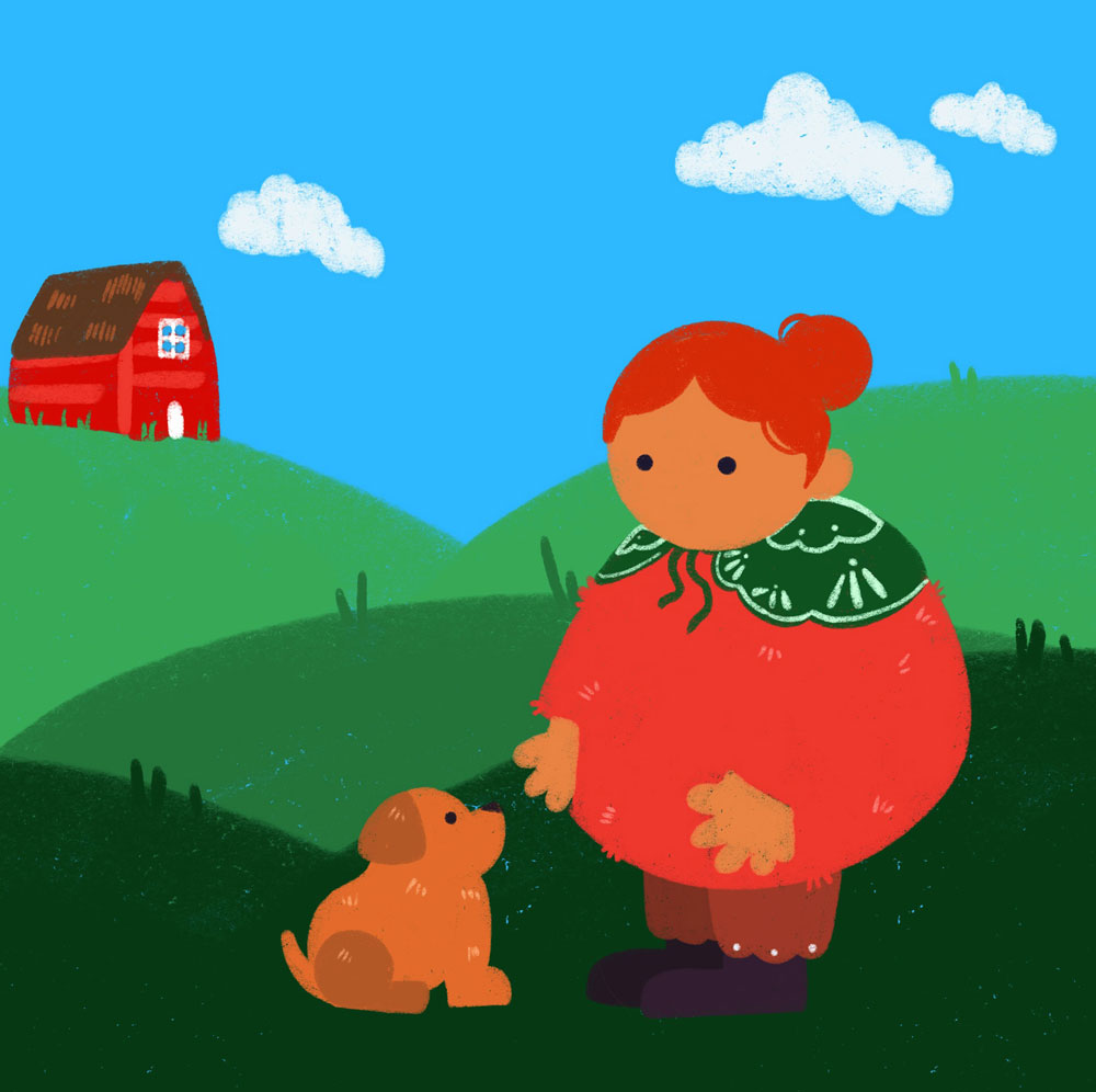 Petite Mamie avec un chiot au milieu d'une prairie au fond à gauche une maisonnette couleurs rouge, dans le style Scandinave.