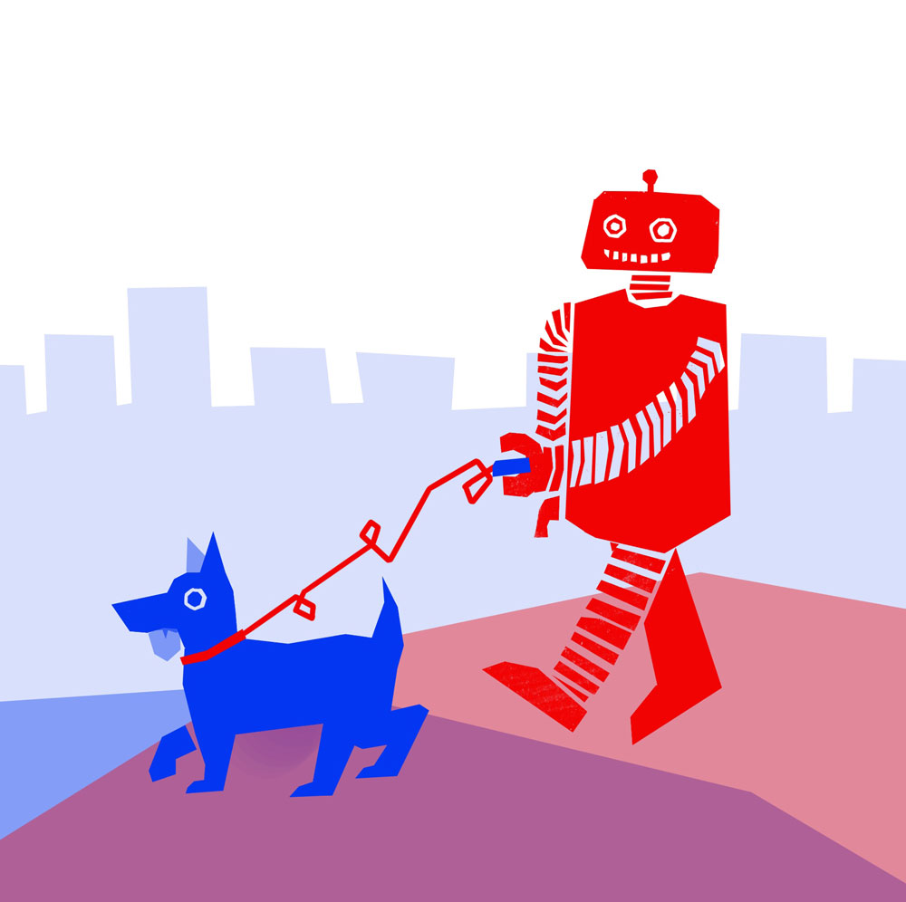 Illustration d'un robot qui promène un chien.