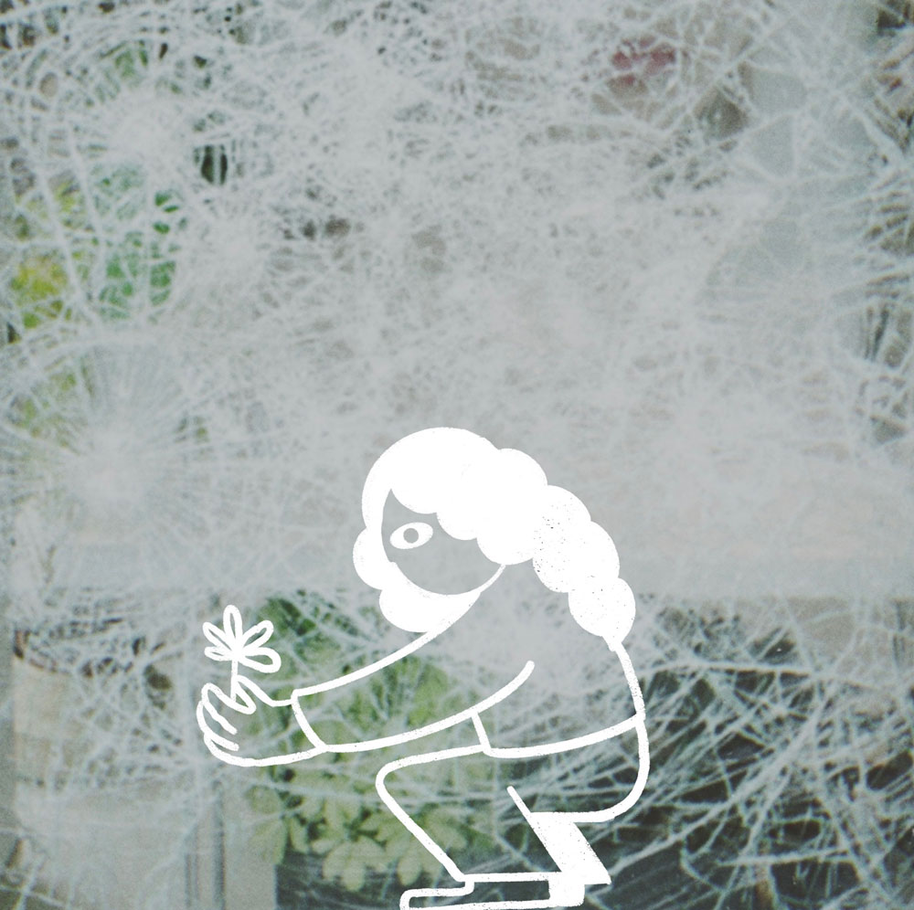 Photographie d'une vitre cassée avec une illustration de moi cueillant une fleur.