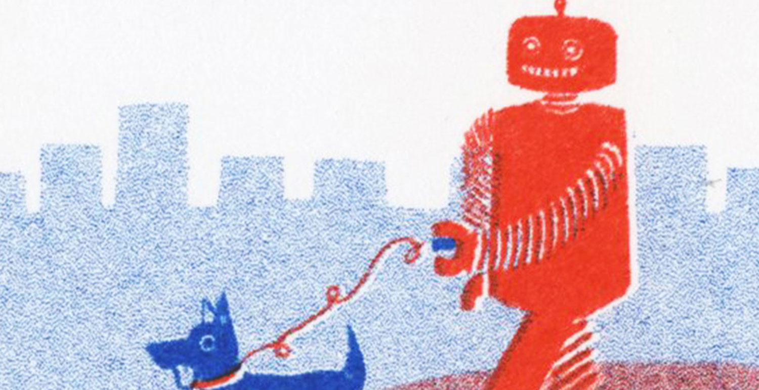 Image d'origine ou le robot proméne le chien, impression final en risographie.