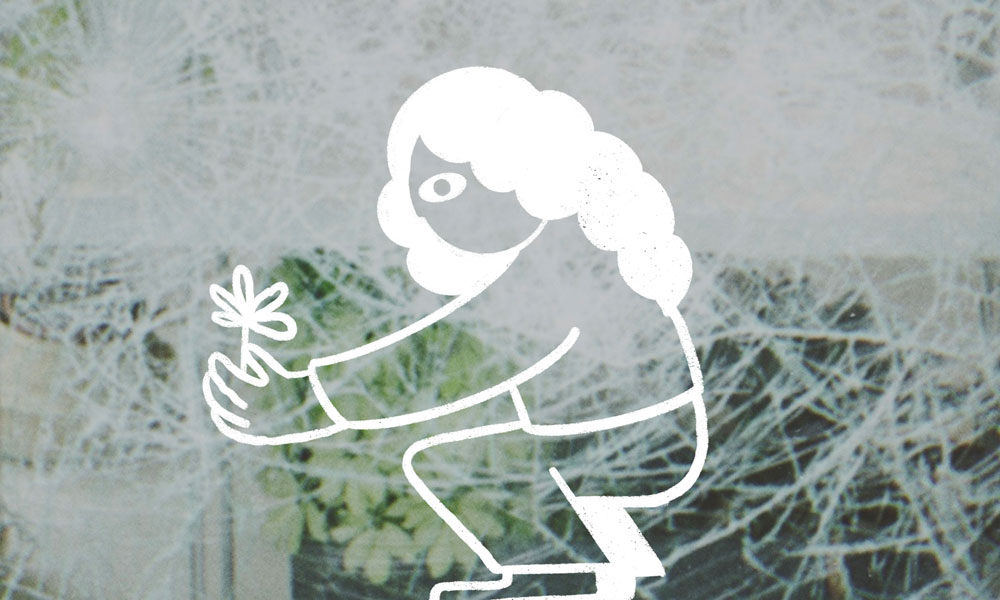 Photographie d'une vitre cassée, moi qui suis illustrée qui cueille une fleur.